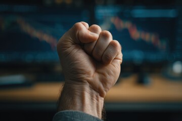 A clenched fist in front of financial charts