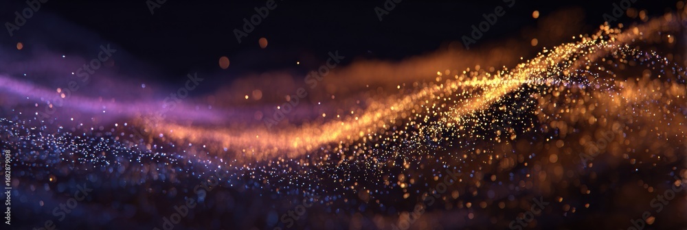 Poster colorful particles create a mesmerizing wave effect against a dark background in this dynamic digita