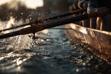 Rowing team in action at sunset
