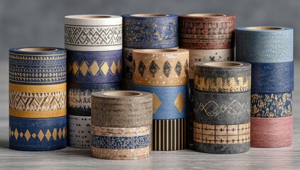 Rolled decorative washi tapes in various colors and patterns