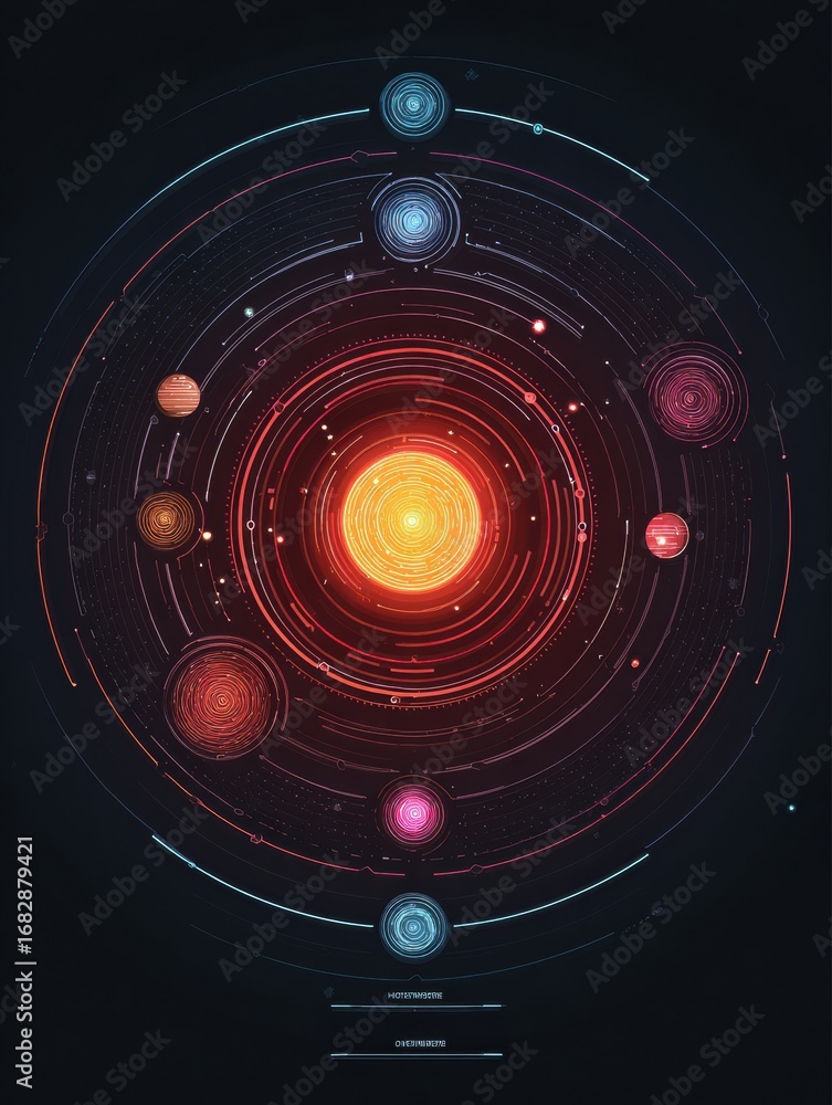 Poster exploring the solar system with a vibrant representation of planets orbiting the sun in a captivatin