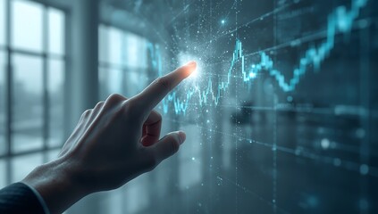 Finger touching a glowing line graph on a futuristic digital display showing financial market trends and economic data analytics