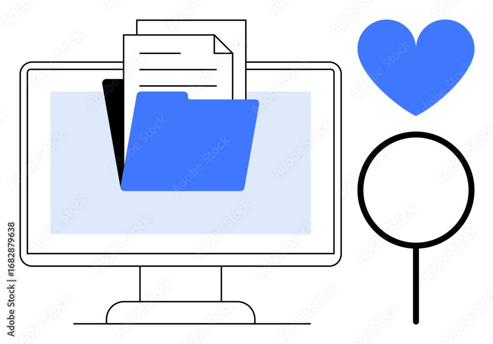 Poster desktop monitor with open folder and document icons, blue heart, and magnifying lens. ideal for file