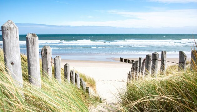 A sandy path winds between grassy dunes towards a beach, leading to the ocean under a blue, partly cloudy sky - Powered by Adobe