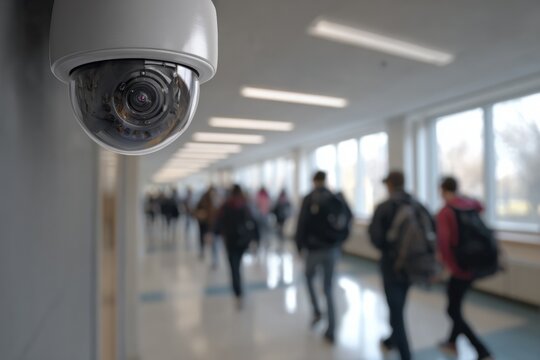 Security camera in a school hallway