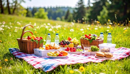 Sunny picnic on a checkered blanket in a lush meadow. Food, baskets, and drinks invite relaxation amidst the greenery and distant trees