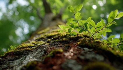 Close-up view of a mossy tree trunk with budding leaves
