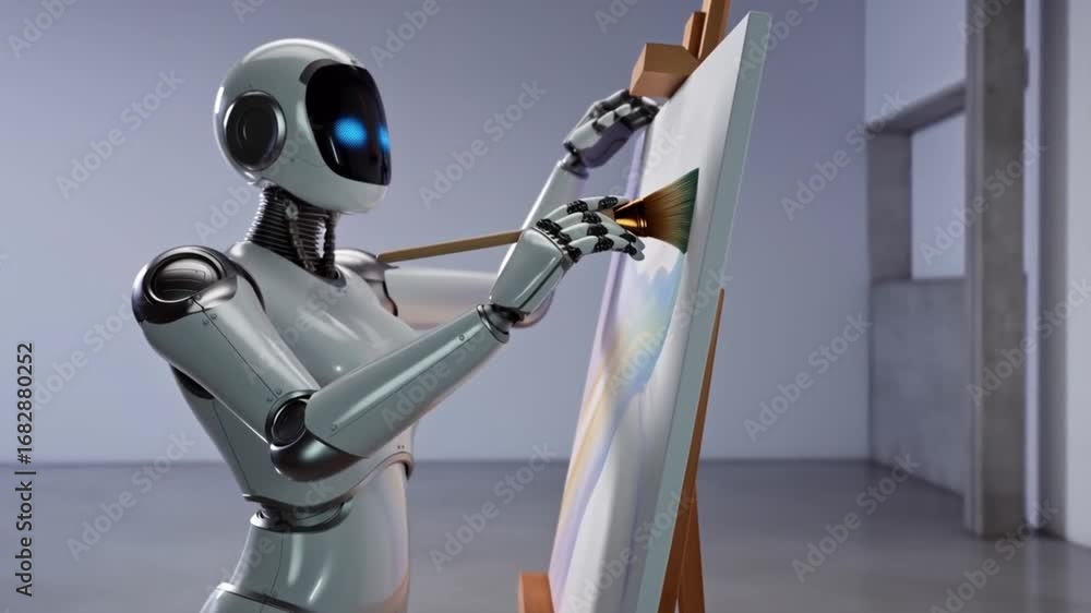 Poster advanced robot painting colorful artwork on canvas