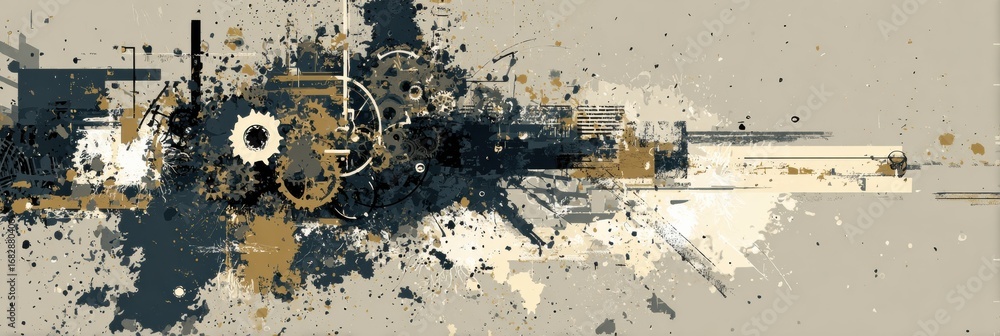 Aufkleber modern abstract art featuring geometric shapes and splashes of color on a muted background in a dyna