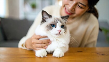A smiling woman gently pets her Ragdoll cat, which sits calmly on a wooden surface, its bright blue eyes catching the light, in a bright, airy home setting
