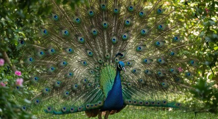 Obraz premium A vibrant peacock, its stunningly colorful feathers fanned out in a garden setting, showcasing the beauty of nature.