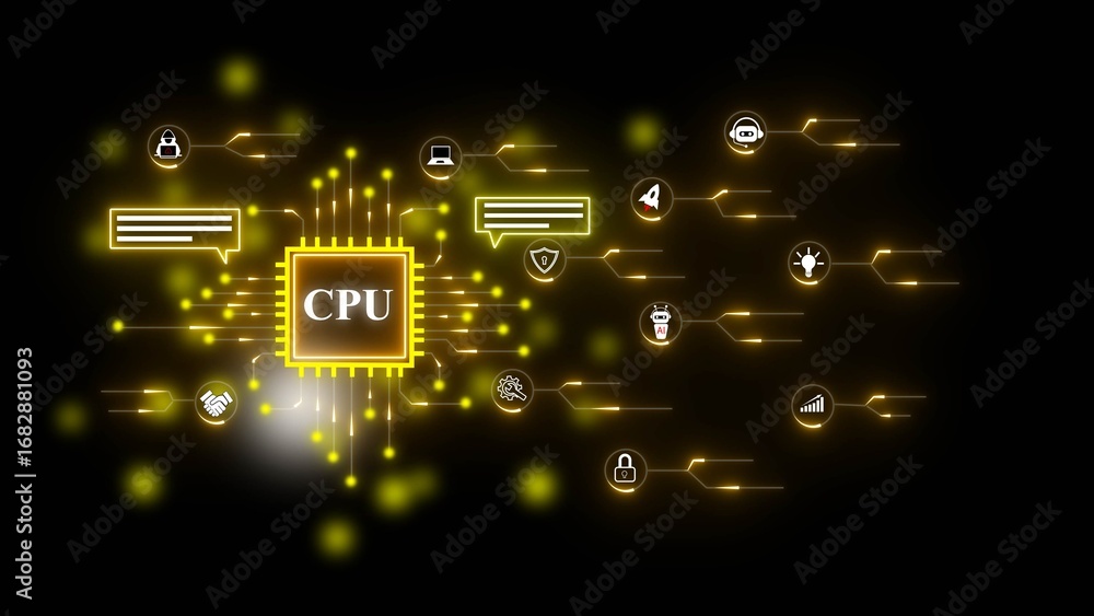 Poster cpu processor with connected digital icons and yellow glowing circuitry on black background central 