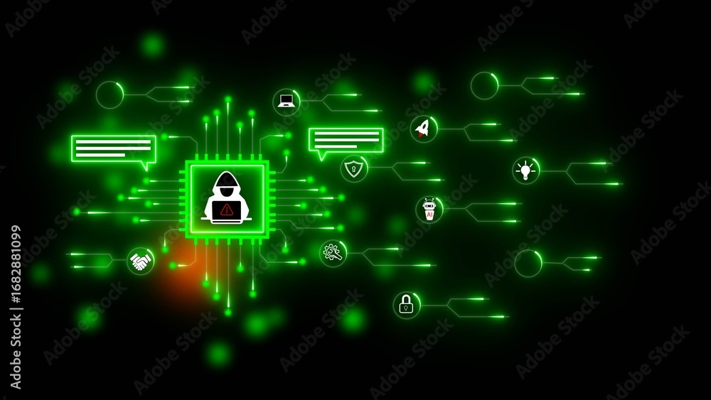 Poster hacker icon on cpu processor with connected digital icons and green glowing circuitry on black backg