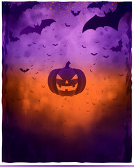 Dark Halloween celebration with carved pumpkins and flying bat silhouettes on purple backdrop
