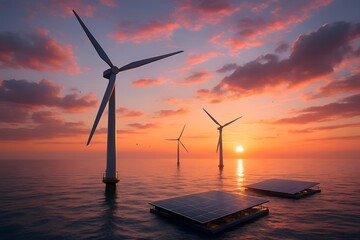 Offshore renewable energy hub with wind turbines and floating solar panels at sunset over calm ocean, dramatic sky with pink and orange clouds, sustainable power landscape for eco innovation and techn