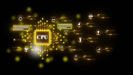 CPU Processor with Connected Digital Icons and Yellow Glowing Circuitry on Black Background central processing unit