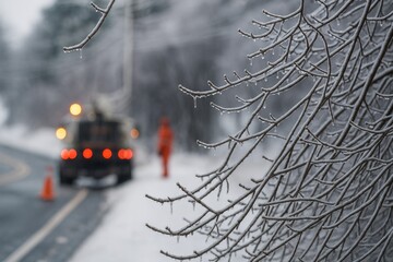 Closeup of frozen tree branches with blurred utility crew in background