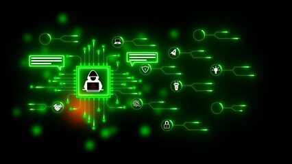 Hacker Icon on CPU Processor with Connected Digital Icons and Green Glowing Circuitry on Black Background