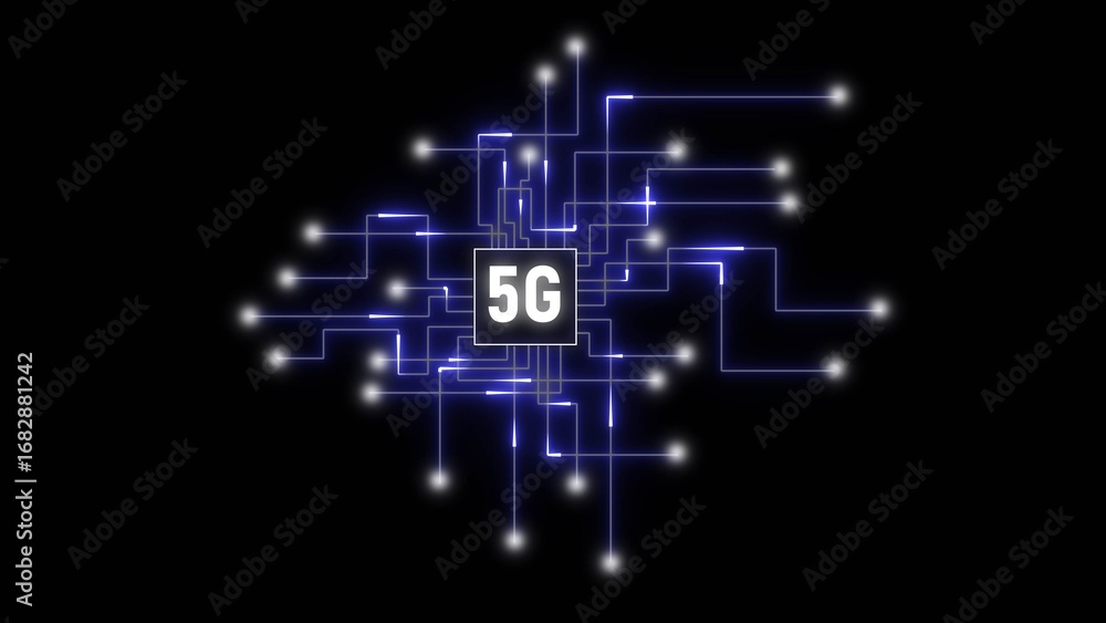 Poster glowing blue circuit board lines connecting to a central 5g chip on black background technology netw