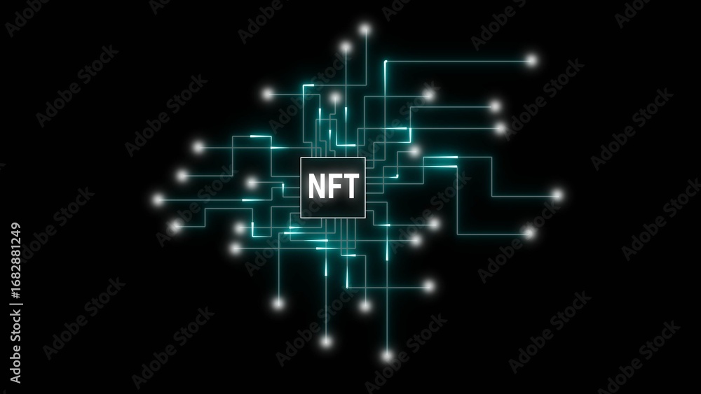 Aufkleber teal circuit board lines connecting to a central nft chip on black background nonfungibletoken block