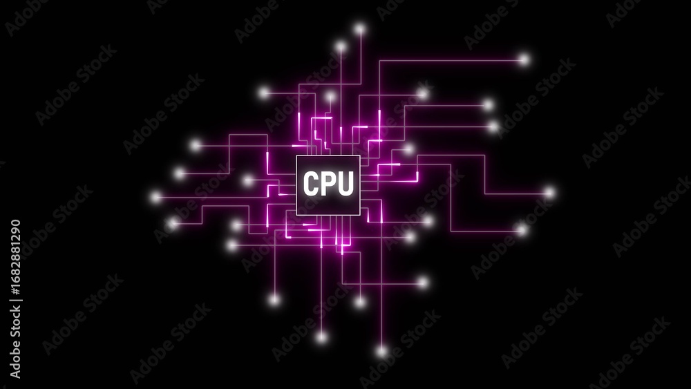 Fototapete pink circuit board lines connecting to a central cpu chip on black background centralprocessingunit
