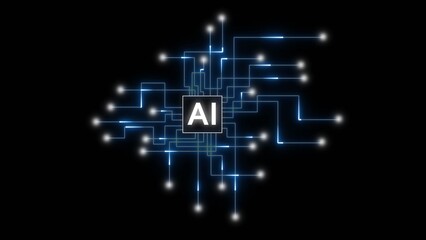 Central AI chip with glowing blue circuit board connections and white light points on black background