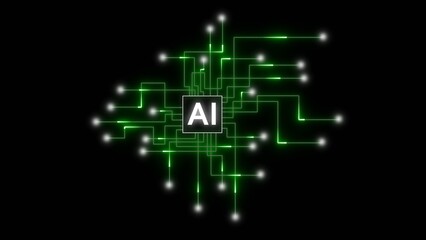 Central AI chip with glowing green circuit board connections and white light points on black background