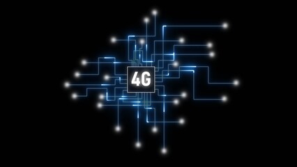 Central 4G chip with glowing blue circuit board connections and white light points on black background