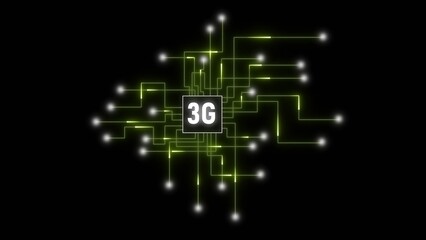 Central 3G chip with glowing green circuit board connections and white light points on black background