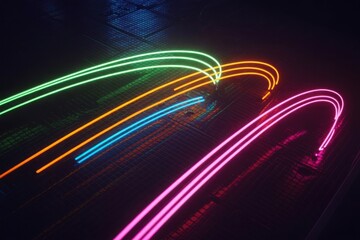 Neon light trails in green orange blue and pink curving over dark grid surface glowing vibrant