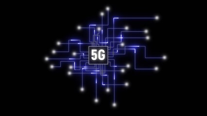Glowing Blue Circuit Board Lines Connecting to a Central 5G Chip on Black Background technology network