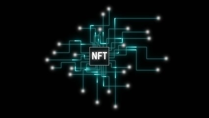 Teal Circuit Board Lines Connecting to a Central NFT Chip on Black Background nonfungibletoken blockchain