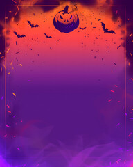 Mystical Halloween backdrop with carved pumpkins and silhouette bats on gradient background
