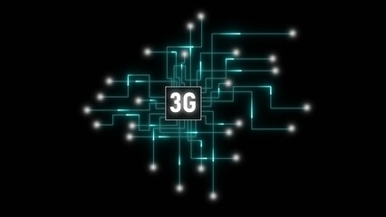 Teal Circuit Board Lines Connecting to a Central 3G Chip on Black Background technology network