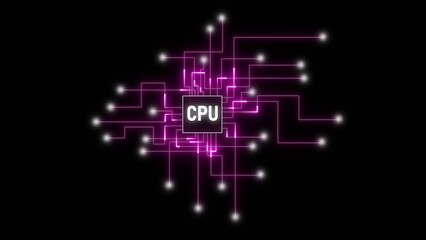 Pink Circuit Board Lines Connecting to a Central CPU Chip on Black Background centralprocessingunit