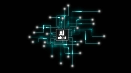 AI Chat technology network with glowing cyan lines and nodes on black background artificial intelligence