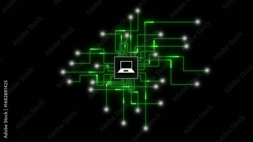 Poster laptop computer icon on a glowing digital circuit board network image photo