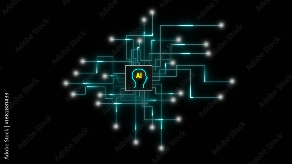 Poster ai artificial intelligence head icon on a glowing digital circuit board network image photo
