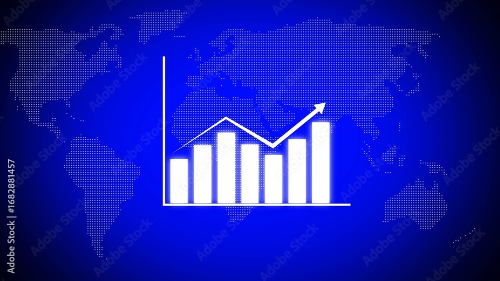 Poster bar graph with upward trend arrow over blue world map background chart statistics