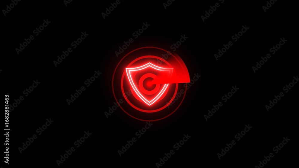 Poster red neon shield icon with radar scan animation on black background security protection