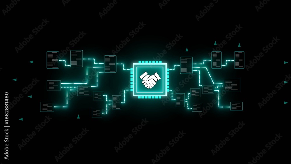 Poster digital network connection with handshake icon and data blocks technology