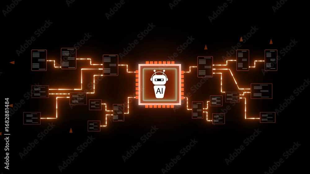 Poster ai robot icon in digital network with orange glowing lines and data blocks artificial intelligence t