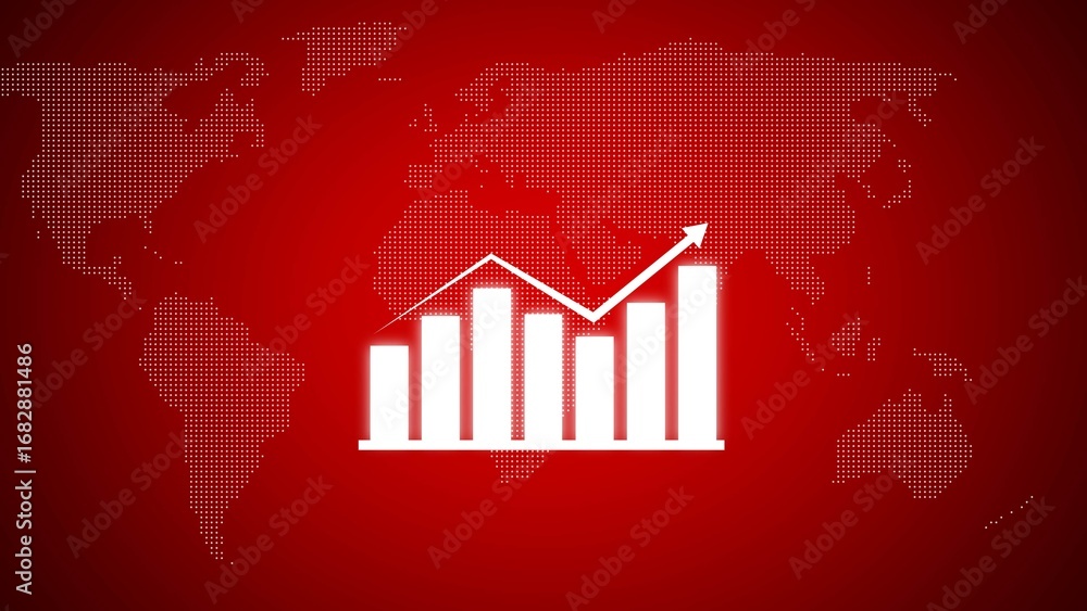 Poster bar graph with upward trend arrow over red world map background chart statistics