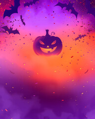 Purple Halloween background featuring spooky pumpkins and bat silhouettes with magical lighting