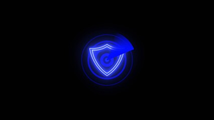 Blue Neon Shield Icon with Radar Scan Animation on Black Background security protection