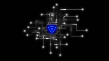 Shield with keyhole icon symbolizing security on a glowing digital circuit board network protection