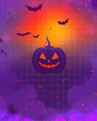 Halloween horror backdrop with illuminated jack o lanterns and bat wings on dark background