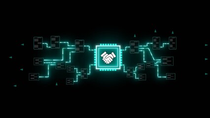 Digital Network Connection with Handshake Icon and Data Blocks technology