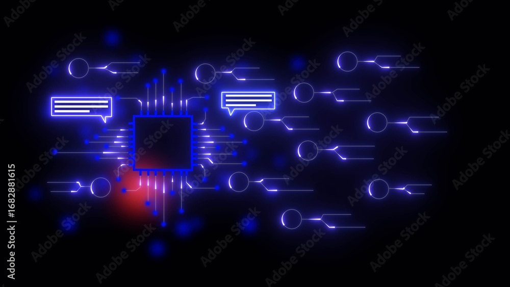 Poster glowing blue microchip with data connections and chat bubbles on black background circuit technology