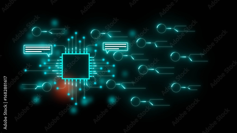 Poster central cyan glowing microchip with radiating lines and connected nodes, representing data flow and 